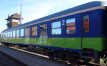 Wagon à voyageurs RIC, Inter-Regio, avec peinture bleue et vert, Bimz 264, pour vitesse de 200km/h, avec 5 compartiments et espaces centrales sûr toute la largeur du wagon en exploitation chez RDC.